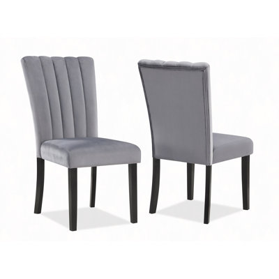2Pc Upholstered Velvet Upholstery Chair Channel Tufted Back Wooden Dining Room Furniture