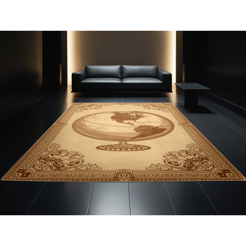 Machine Washable Ovetta Classroom Globe Classic Damask Rug in Brown – Beige Binding, 8x12