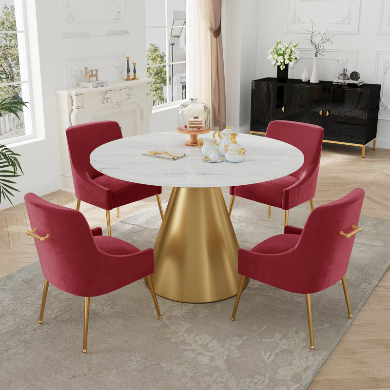 Ensemble de salle à manger à piédestal en marbre 5 pièces, Blanc / Blanc, Rouge