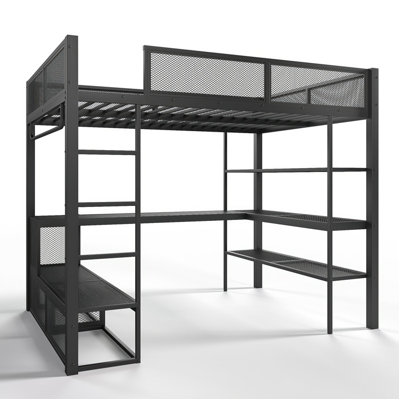 Grand lit mezzanine en métal avec bureau, tablettes de rangement et tringle à vêtements - aucun sommier nécessaire, noir