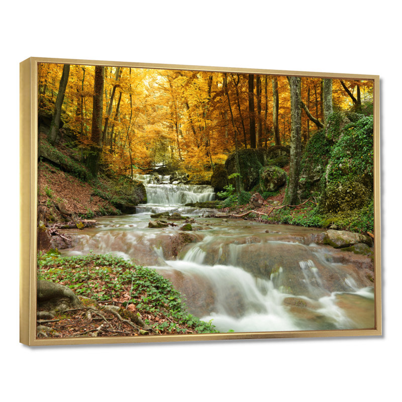 Forêt, cascade, arbres jaunes - reproduction de photo, H 30 po x l 40 po, Cadre flottant, Or
