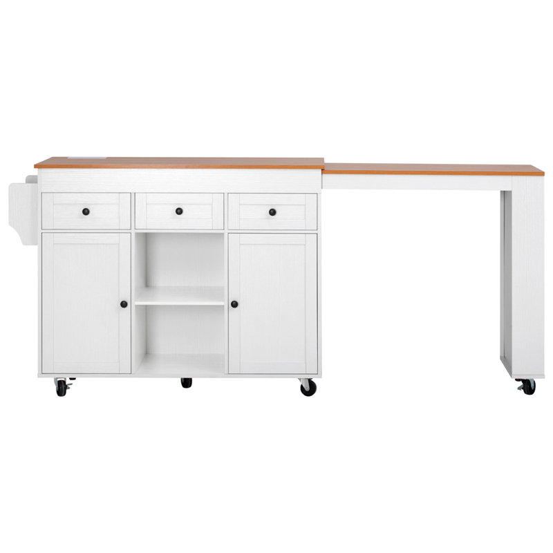 Îlot de cuisine 85,5 po avec table de salle à manger extensible, table de rangement avec 3 tablettes latérales ouvertes, îlot de cuisine roulant avec prise de courant, 3 tiroirs, 2 portes, pour la cuisine, la salle à manger