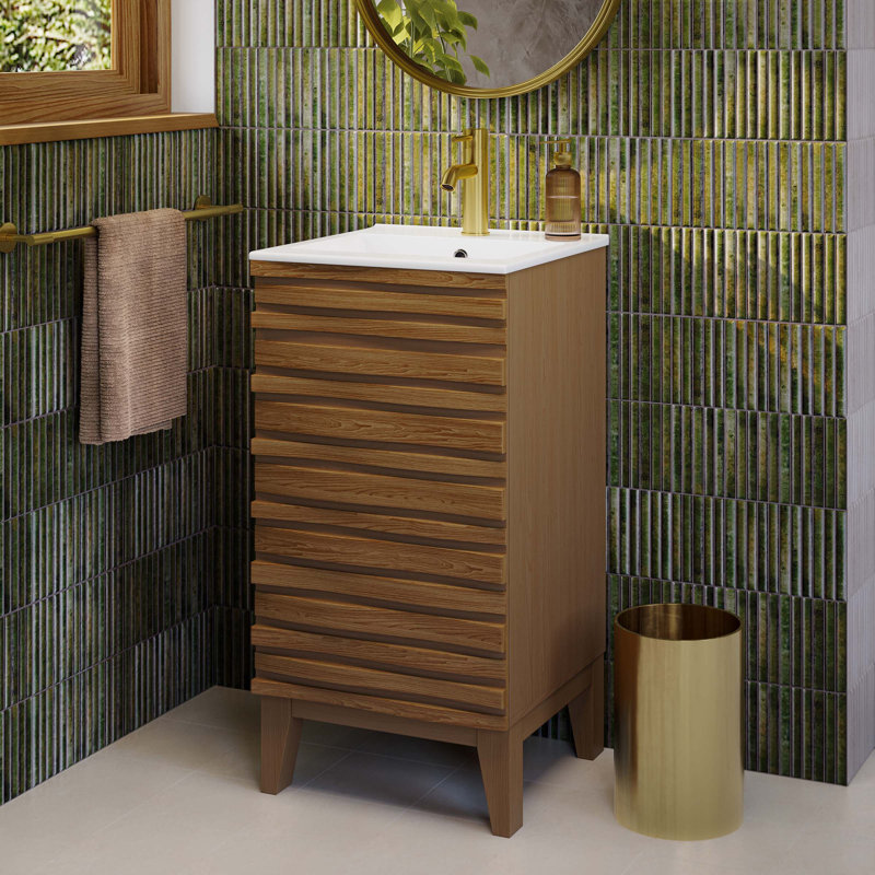 Meuble-lavabo 18 po Cascade en chêne naturel, Brun, Blanc