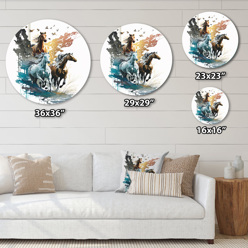 Three Horse Stampede - cheval, art mural rond sur métal, H 16 po x l 16 po x P 1 po