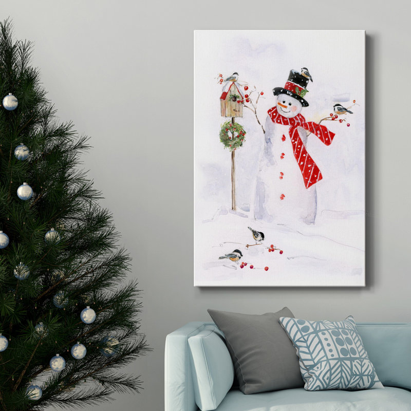 «Snowman And Chickadee Friends I», toile tendue avec châssis de qualité supérieure - prête à être accrochée