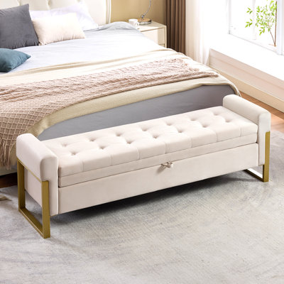 67'' W Modern Upholstered Flip Top Storage Bench for Bedroom End of Bed King Size with Button-Tufted and Gold Legs