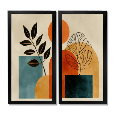 «Blue and Orange Boho Minimalist Geometric Plant - Botanicals, reproduction d'art sur toile, décoration murale botanique bleue 2 pièces