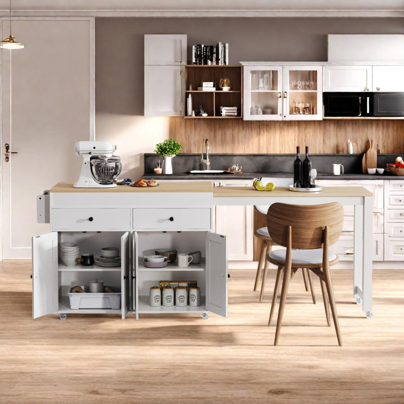 Kitchen Island with Extendable Dining Table, Rolling Cart with Spice Rack & Drawers, White