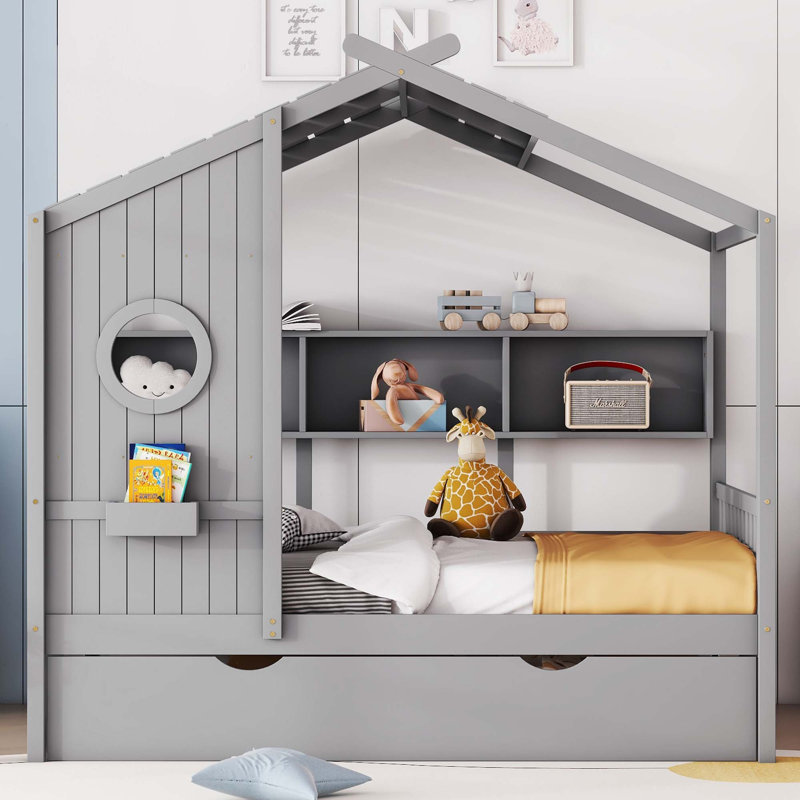 Lit en bois avec couchette, gris, Complète