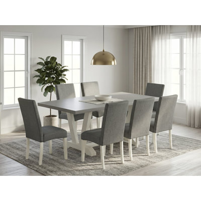 9-Pc Dining Room Set – 8 Grey Upholstered Dining Chairs and a Cement Modern Dining Table - Linen White 