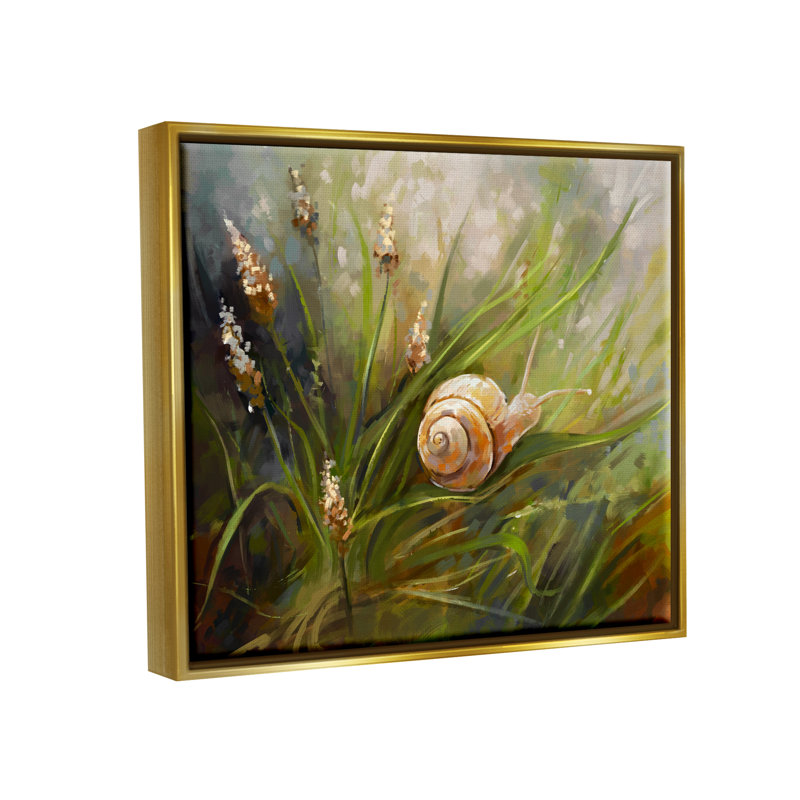 Bb-272-Floater Snail On Greenery, peinture encadrée sur toile par Ziwei Li, Cadre flottant métallique doré