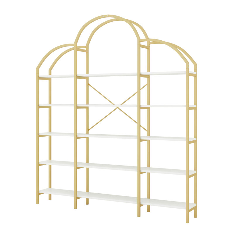 74.8 Inch 5 Tiers Office Bookcase Bookshelf, Display Shelf With Round Top, X Bar Gold Frame For Home Office