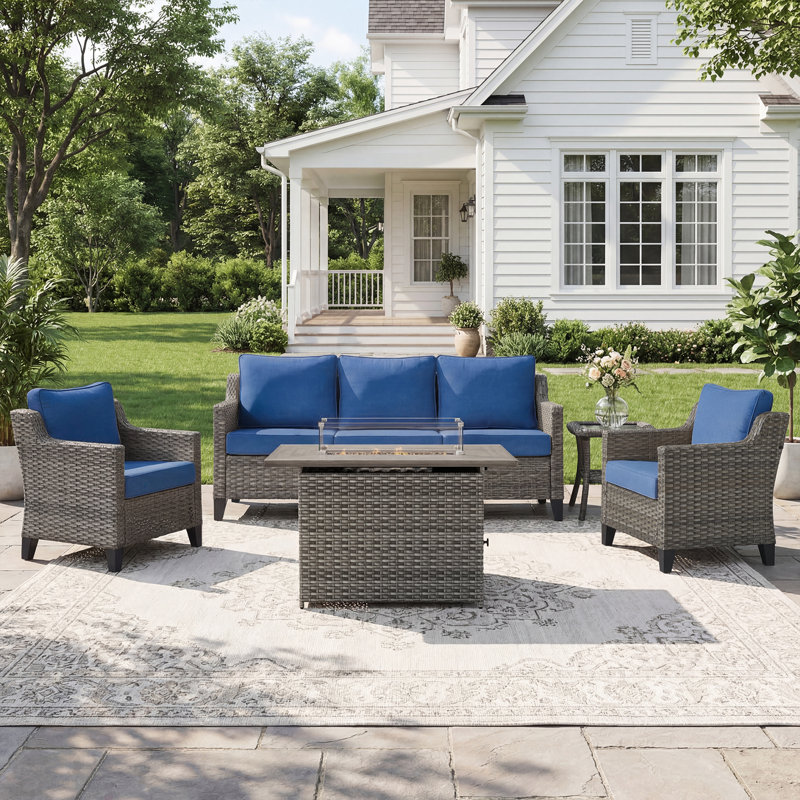 Arlene 5-Pieces Outdoor Patio Wicker Conversation Set With Sofa, Fire Pit, Lounge Chairs And Side Table, Blue