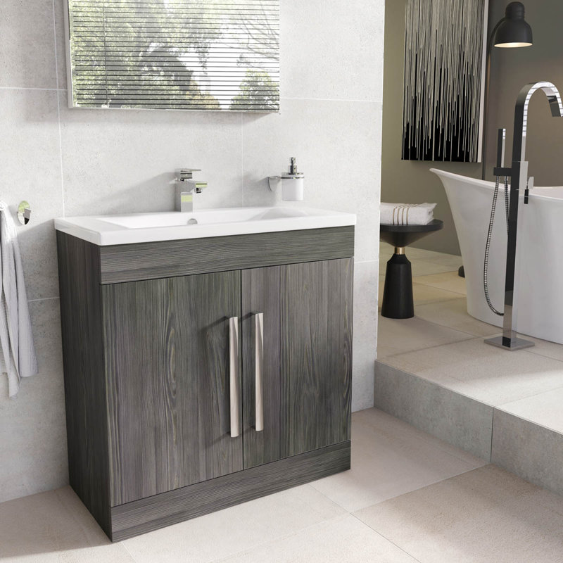 800mm Single Bathroom Vanity with Semi-Recessed Ceramic Basin, Dark Elm