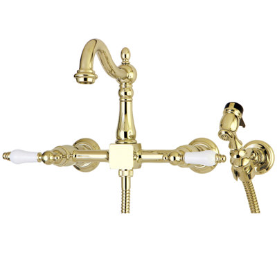 Kingston Brass Heritage Double-Handle 3-Hole Wall-Mount Bridge Kitchen Faucet with Brass Sprayer