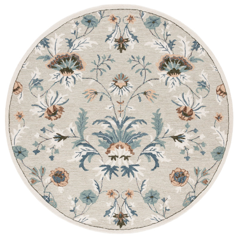 Oech Hand Tufted Wool/Cotton Performance Floral Rug in Sage/Blue, Round 6'