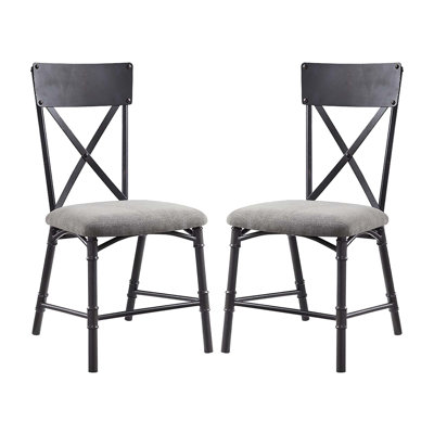 Chaises d'appoint grises et sablonneuses noires avec coussin de siège rembourré, style dossier croisé, structure en métal pour une expérience de repas à la maison