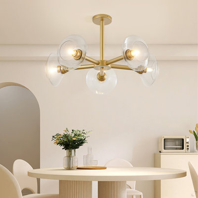Lustre spoutnik moderne de 26 po en or à 5 lumières avec abat-jour en verre transparent, luminaire suspendu Mid-Century pour salle à manger, salon ou cuisine (ampoule non incluse)