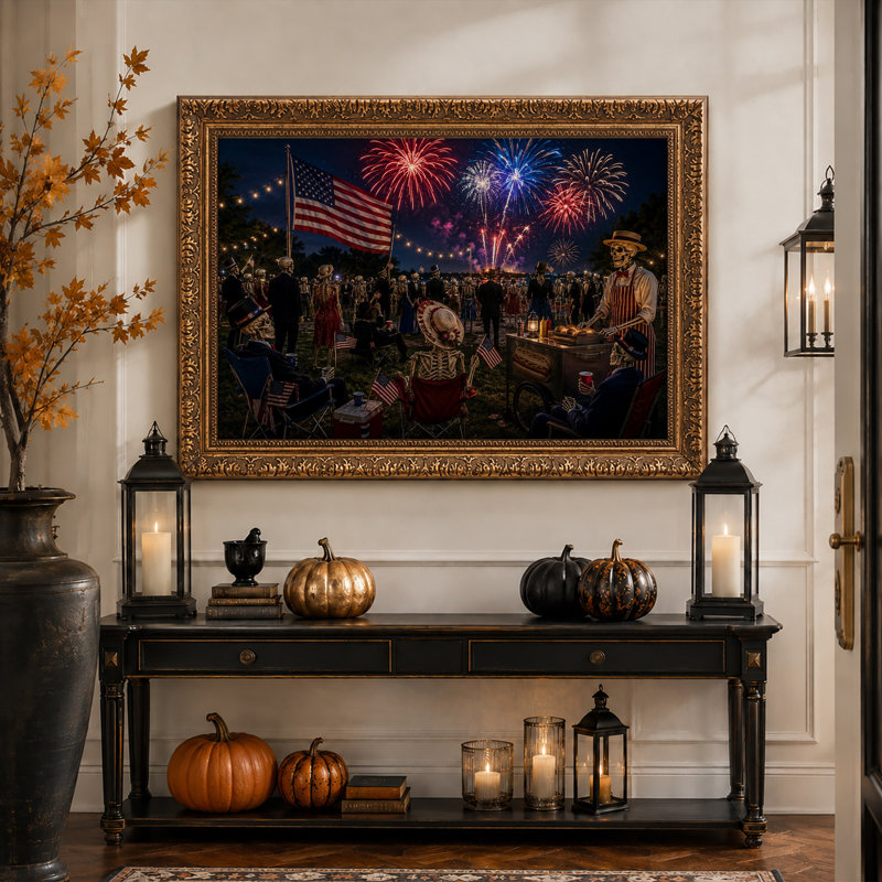 Des squelettes rassemblés sous le drapeau américain regardent Halloween - Toile murale, 20"H x 30"W