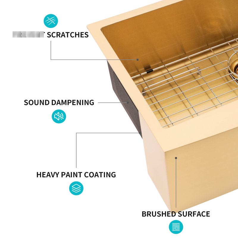 36" Gold Sink - Stainless Steel 16 Gauge. And Hygienic. Pot Bowl Bump. No Build-Up. R10 Rounded Corner Design. Includes Sink, Rack, Bottom Grid, Installation Clips, Strainer Drain, Manual Gauge