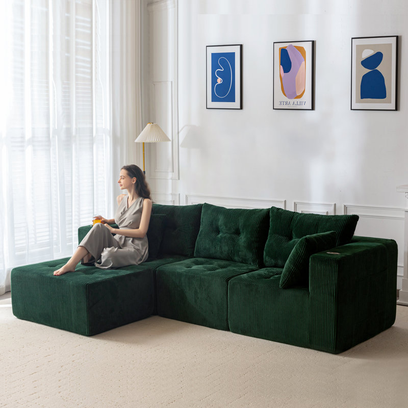 Boneless 101" Corduroy Bean Bag Sofa Boneless Cloud Sofa Modular L Sectional Sofa, Green