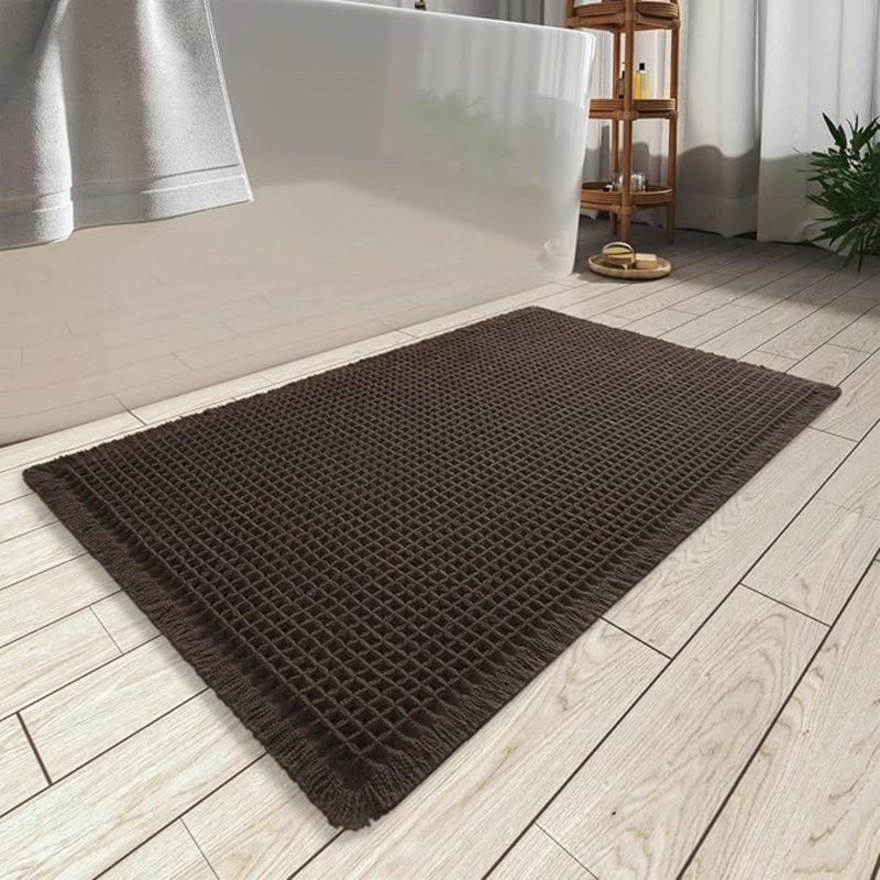 Upgraded Waffle Bath Mat, Super Absorbent Non Slip Bath Mats For Bathroom Floor, Machine Washable Bathroom Rugs With Tassels, Rubber Backed Bathroom Mats, Ultra Soft, 17" X 24"