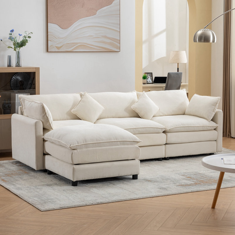 Majuma Chenille Fabric Upholstered 3-Seater Sofa with Ottoman, White