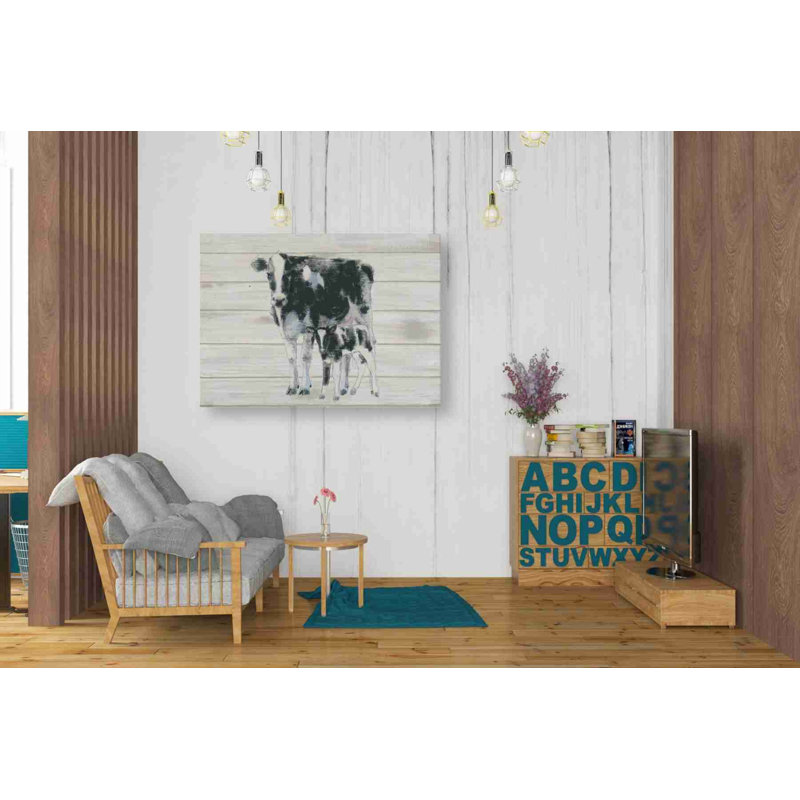 «Cow and Calf On Wood» par Emily Adams - peinture sur toile tendue, H 26 po x l 34 po x P 1,5 po