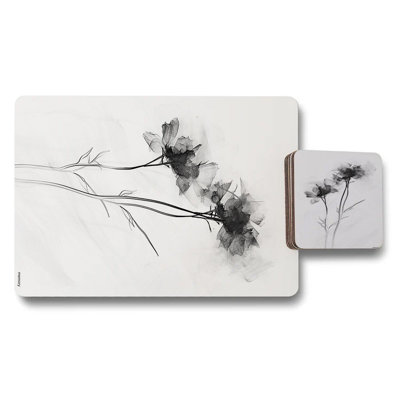 Monochrome Floral Placemat And Coaster Set With Wood Backing And Print Technology Limited Edition