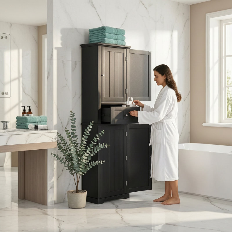 Freestanding Linen Cabinet With Drawer And Adjustable Shelf, Black