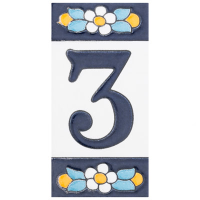 Sevillano 2.13" x 4.38" Ceramic Floral Number Decorative Accent Tile in White/Blue