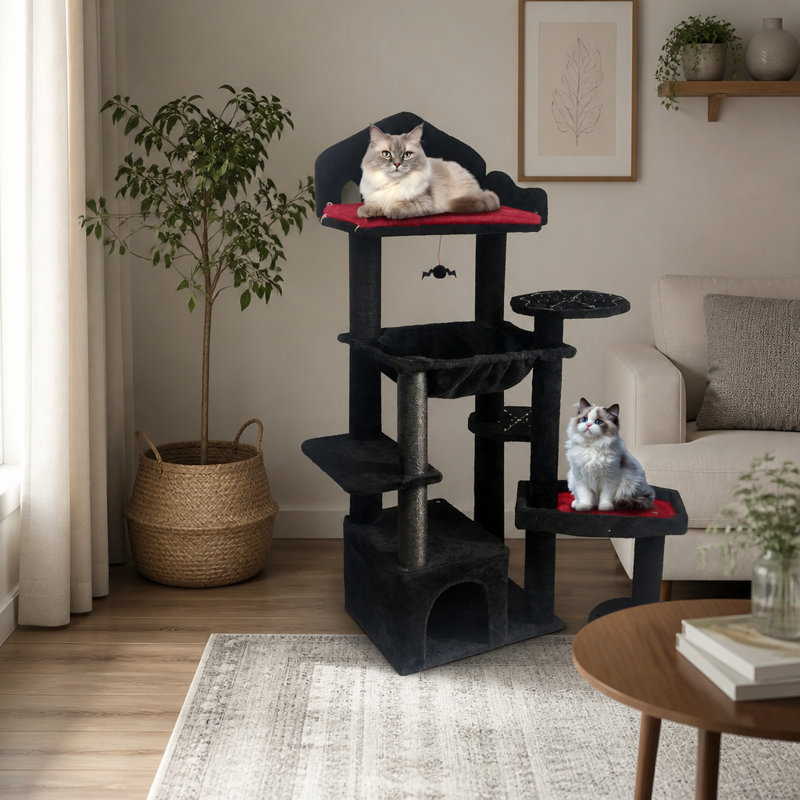 Arbre à chat gothique noir, tour à chat à plusieurs niveaux avec griffoirs, perchoirs, hamac et grotte pour chat - Jouet interactif pour chats d'intérieur, 147 cm