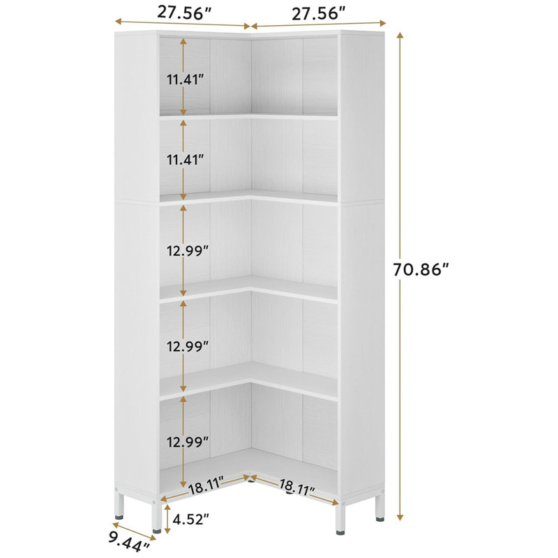 Bibliothèque d'angle de 70,87 po de hauteur, bibliothèque blanche en forme de L à 5 niveaux, grand étagère de rangement étagère industrielle, grandes bibliothèques autoportantes en bois avec panneau arrière