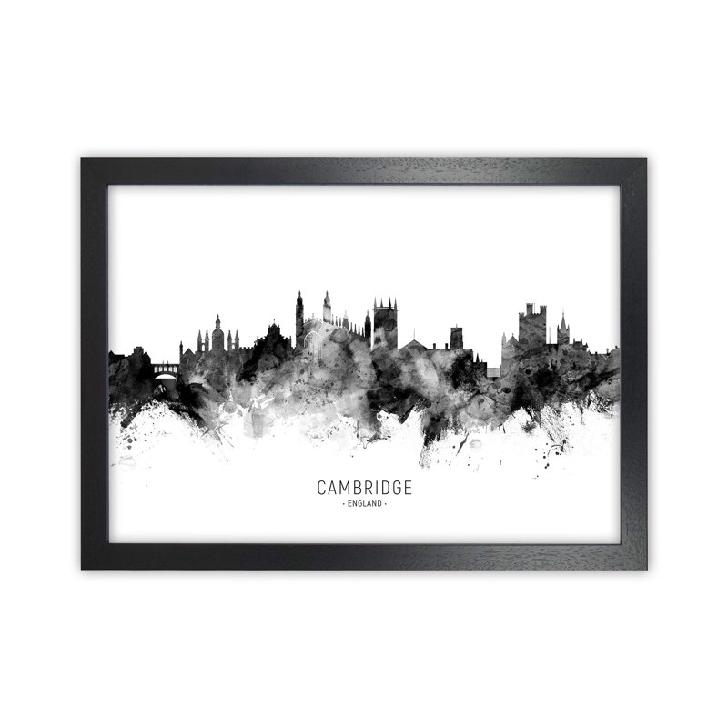 Cambridge England Skyline Black White City Name by Michael Tompsett - Print, 34cm H x 46cm W x 3cm D, Black Framed