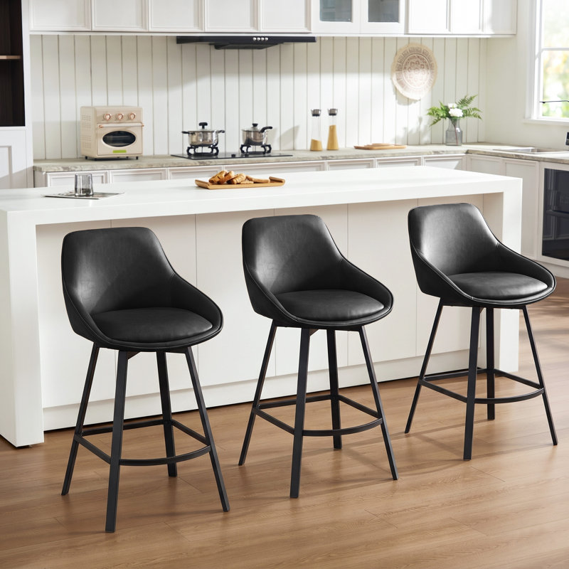 Janayshia Modern Industrial Swivel Upholstered 25.6'' Faux Leather Counter Stool with Metal Frame, Black, 3