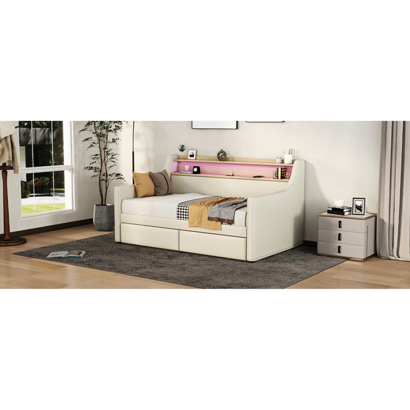 Lit de jour simple rembourré beige avec espace de rangement, fonction de charge à DEL et tiroir de chargement, lumières pour une nuit de détente paisible