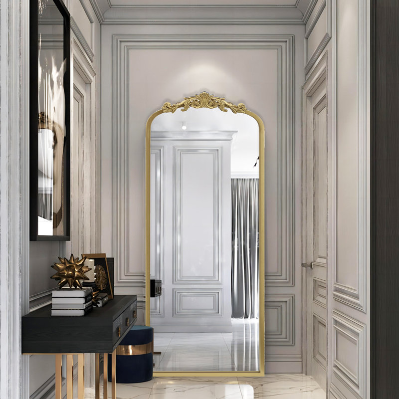 Miroir sur pied ou mural arqué de 165 x 56 cm avec blason vintage orné, à poser au sol ou à accrocher., 65''x22'', Doré