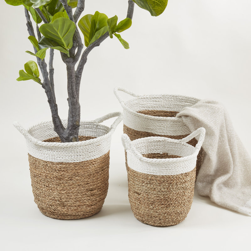 Rustic Beige and White Woven Pandanus Storage Baskets, Set of 3