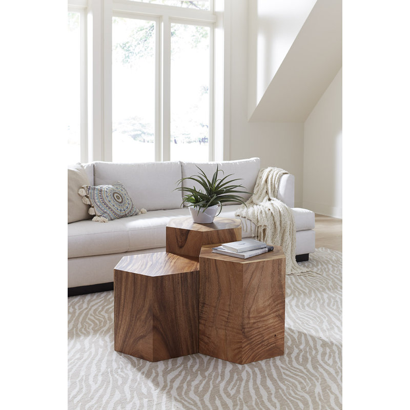 Honey Comb Solid Wood Block End Table