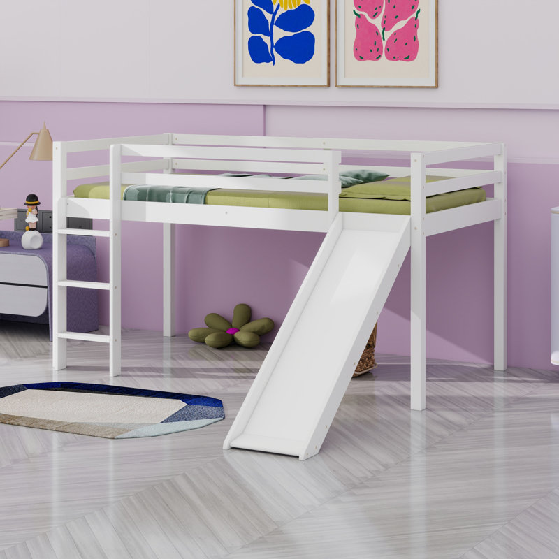 Low Loft Bed With Slide, Ladder, Safety Guardrails, White
