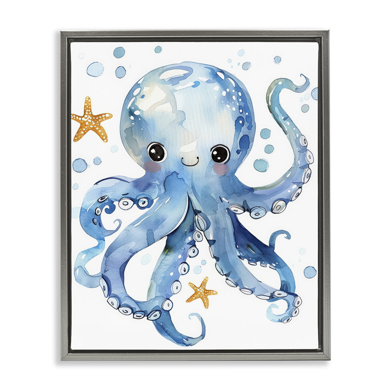  «Happy Smile Octopus», art mural encadré sur toile flottante par Franklyn Gregory, Cadre flottant gris lustré