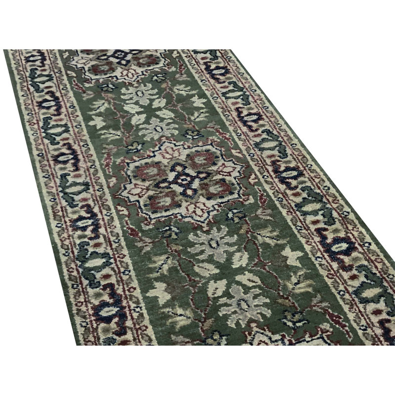 Hand-Knotted High-Quality Green and Beige Runner