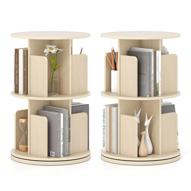 2 PCS 2-Tier Rotating Bookshelf 360° Display Rack Dividers & Anti-falling Baffles Natural, (2 Shelves) 26"H x 15.5"W x 15.5"D
