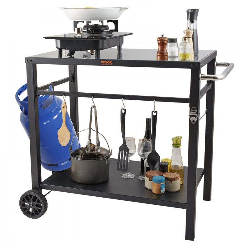 Chariot de salle à manger d'extérieur avec double tablette et table de préparation pour barbecue mobile