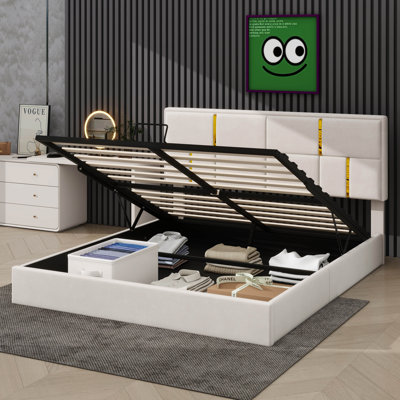 Queen Size Platform Bed With Upholstered Design And Hydraulic Storage Mechanism
