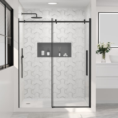 44–48" W x 74" H Frameless Sliding Shower Door with Fixed Panel, Matte Black, Nano-Coated Tempered Glass
