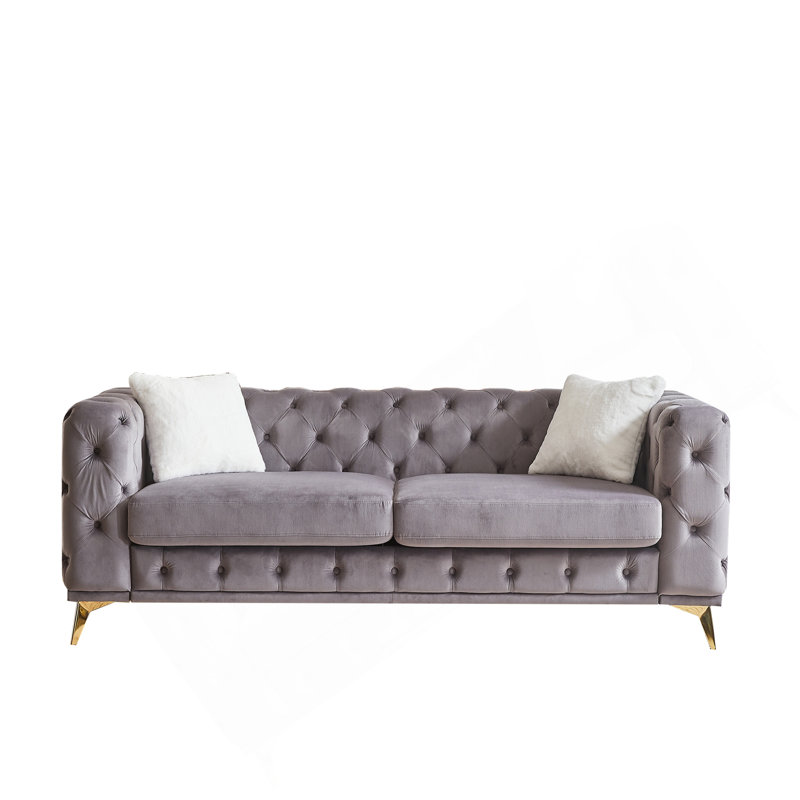 Canapé en velours de luxe 82,5 pouces avec boutons Chesterfield capitonnés avec 2 coussins et pieds en métal, Gris