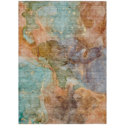 9' X 12' Copper Orange And Teal Blue Abstract Washable Indoor Outdoor Area Rug