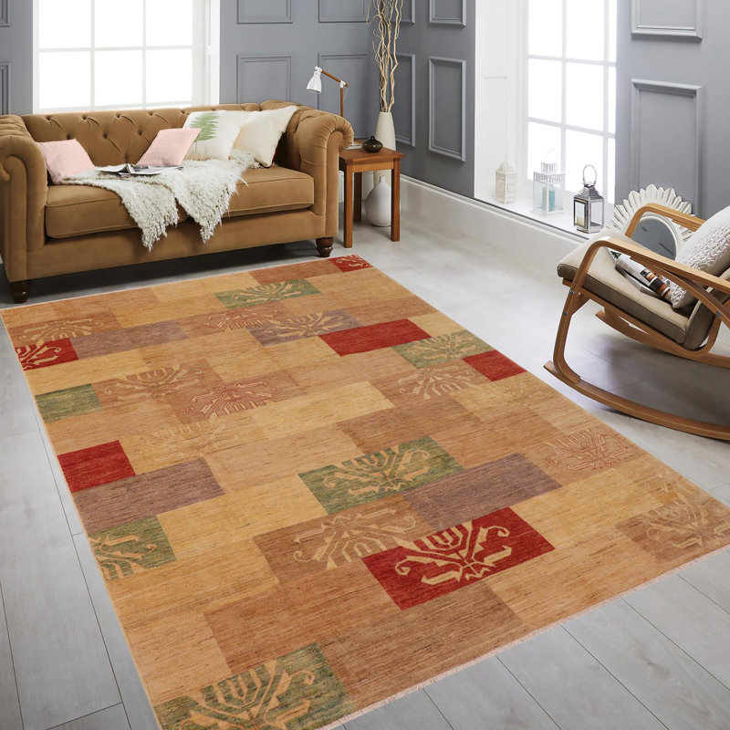 Tapis brun clair / rouge en laine noué à la main à motif géométrique 8 pi 8 po x 11 pi 5 po Paralee