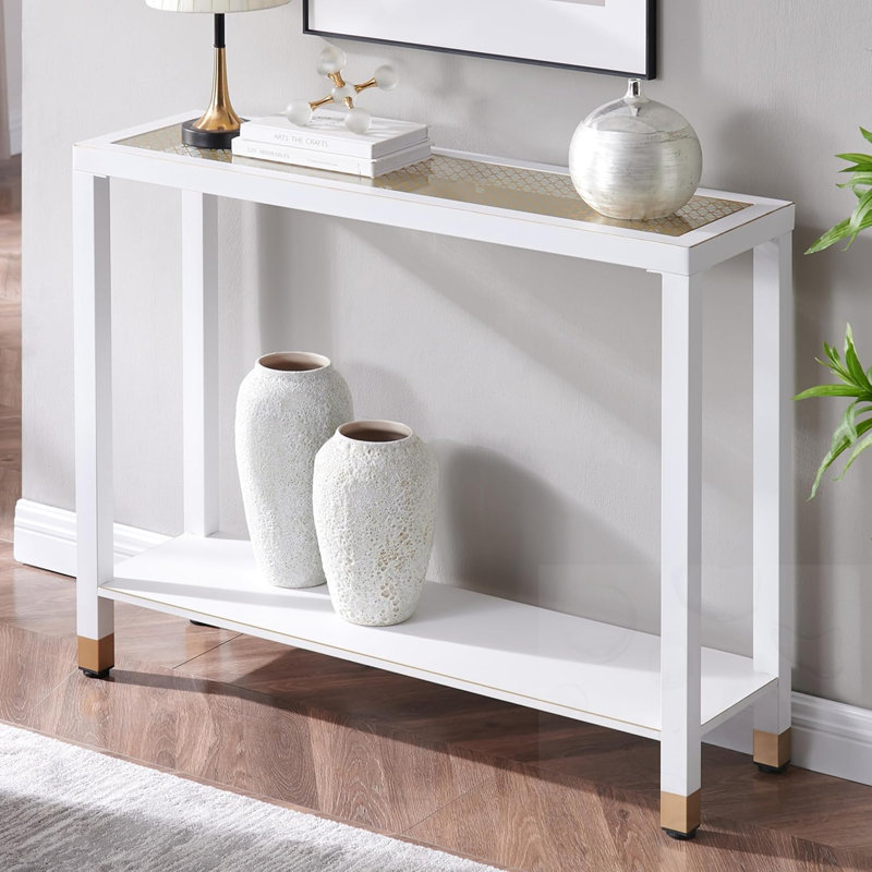 2-Tier Console Table With Glass Tabletop, White/Gold